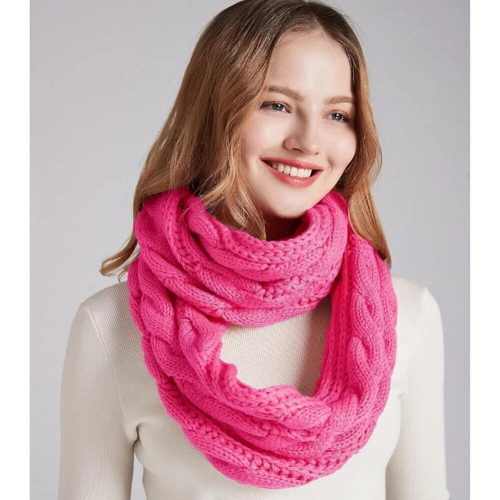 Women's Hot Pink Thick Ribbed Knit Winter Infinity Circle Loop Scarf